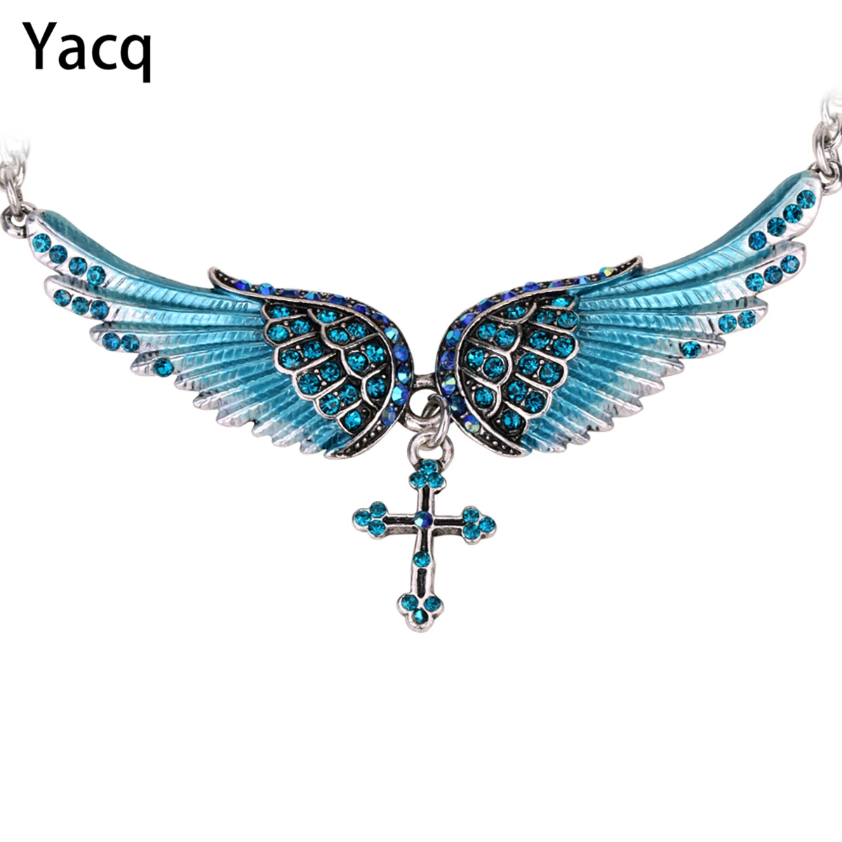 YACQ Angel Wing Cross Choker Necklace Guardian Women Biker Crystal Jewelry Gifts Her Girl Silver Color NC01 Dropshipping (18+2)