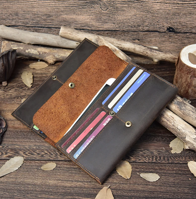 100% Guarantee Crazy Horse Leather Wallet Genuine Leather Long Wallet Men Purse Casual Wallet with big phone pocket,long wallet