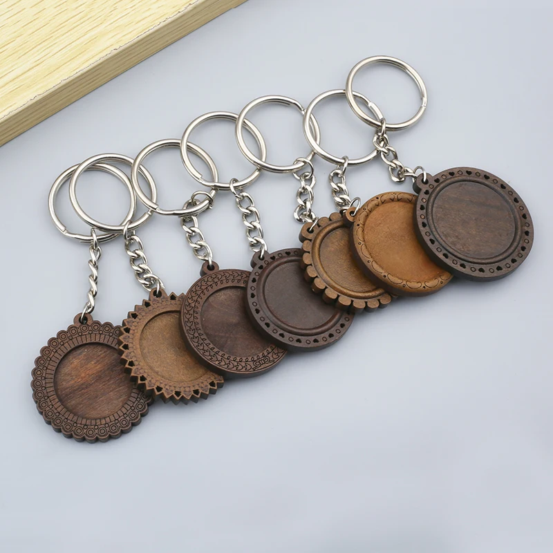 5Pcs Round Wood Cabochon Keychain Base Settings 25mm 30mm Dia Wooden Cameo Bezel Blanks Diy Key Chain Keyring Accessories