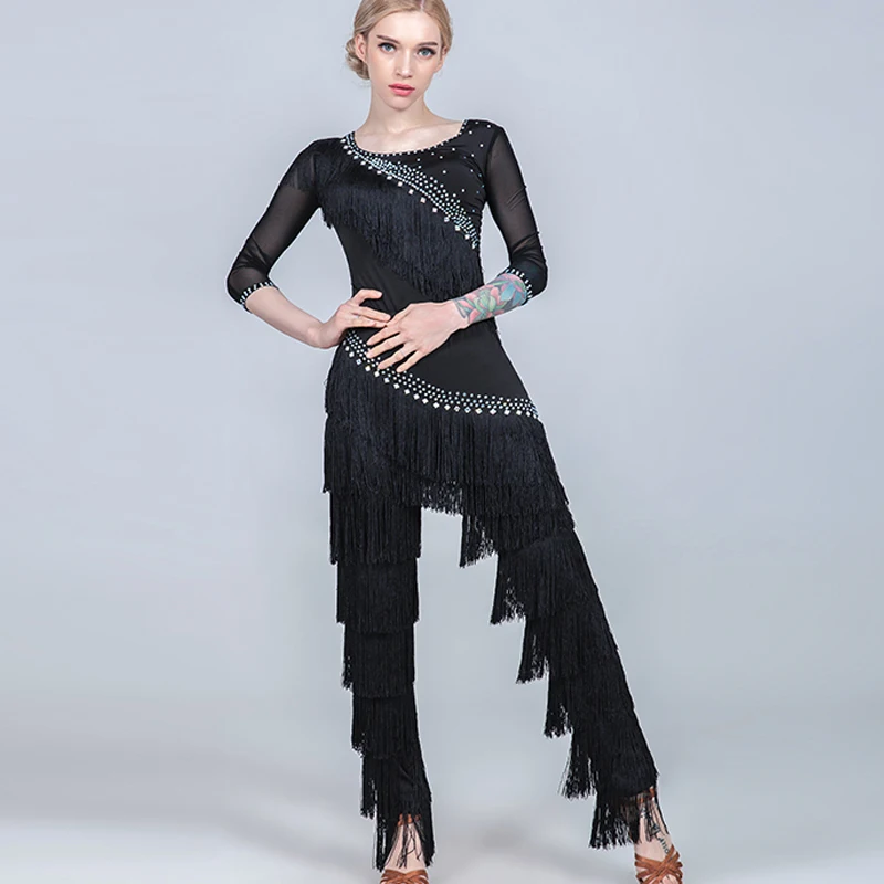 

New Latin Dance Costume For Women Full Fringe Suit Rhinestone Clothes Standard Ballroom Dance Rave Black Latin Dance wear BL1725