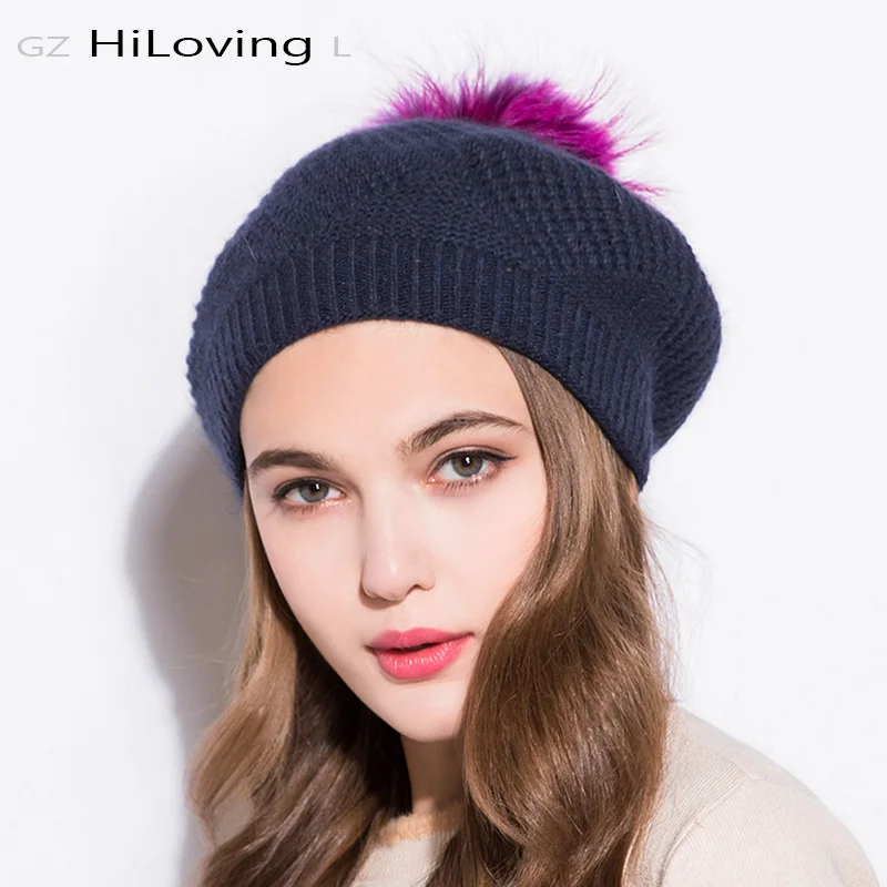 

GZhilovingL Winter Women Beanies Hat With Fur Pompom Knitted Hat Soft Warm Beret Wool Fur Cap Hat 2017 Femal Winter Beanie Hats