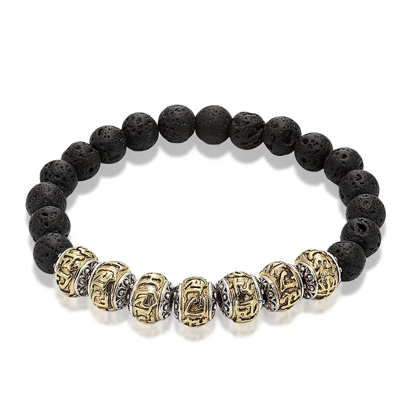 Tibetan Buddhism Alloy Volcanic stone Bracelet Men\'s Six-Character Mantra OM MANI PADME HUM Metal Amulet Beads Bracelet Women