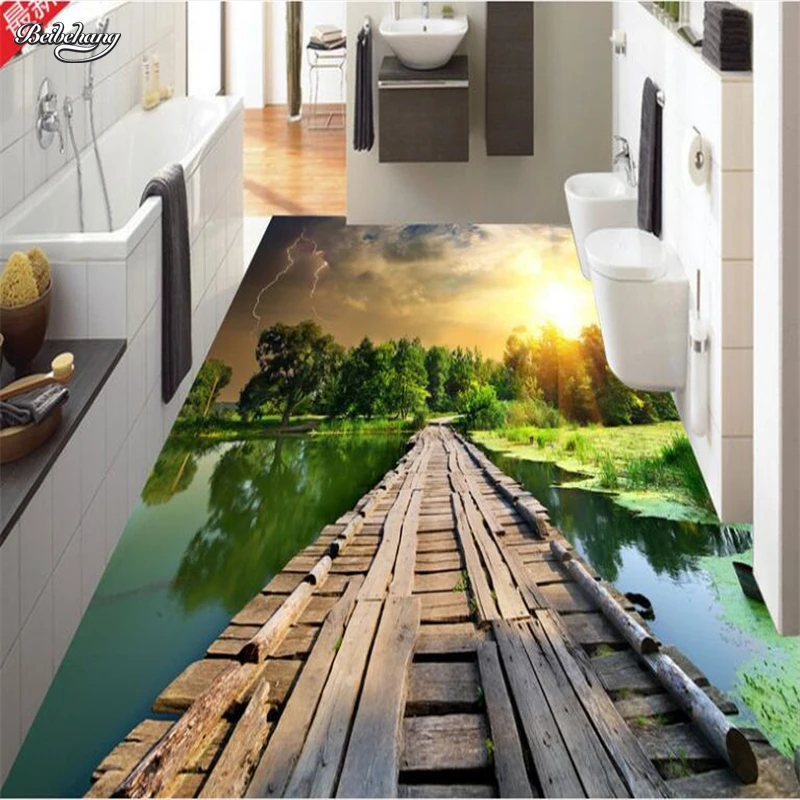 

beibehang Custom large mural bathroom bathroom kitchen living room stream bridge 3D floor thickening waterproof pvc wear film