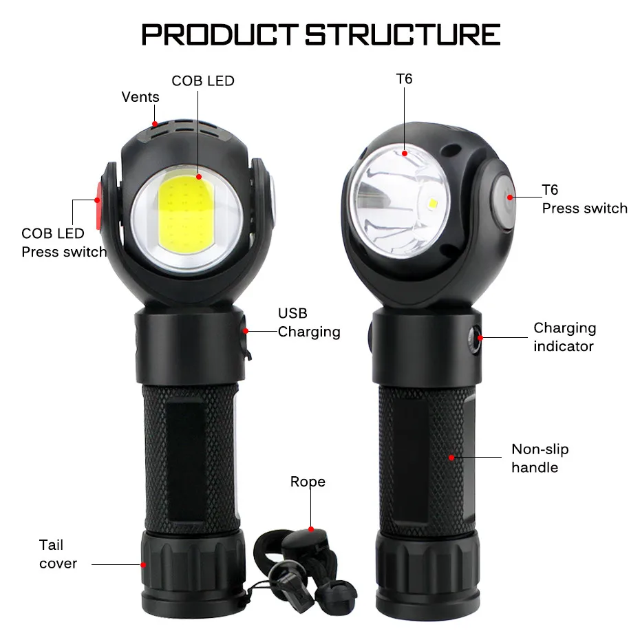 Led Flashlight 360 Degree T6 + COB Torch 2000lm Waterproof With Magnet USB LED Torch 7 Modes use AAA or 18650 or 26650 Battery