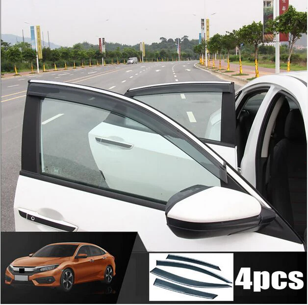 4pc FIT FOR HONDA CIVIC SEDAN 2016 2017 SIDE WINDOW RAIN DEFLECTORS GUARD VISOR WEATHERSHIELDS DOOR SHADE WEATHER SHIELDS CHROME