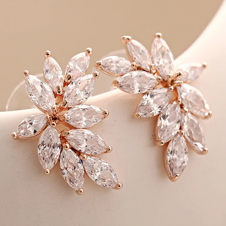 SLBRIDAL Prong Setting Top Grade Rose Gold&Silver Color Marquise Cubic Zirconia Earrings Girl Fashion Daily CZ Earring Women