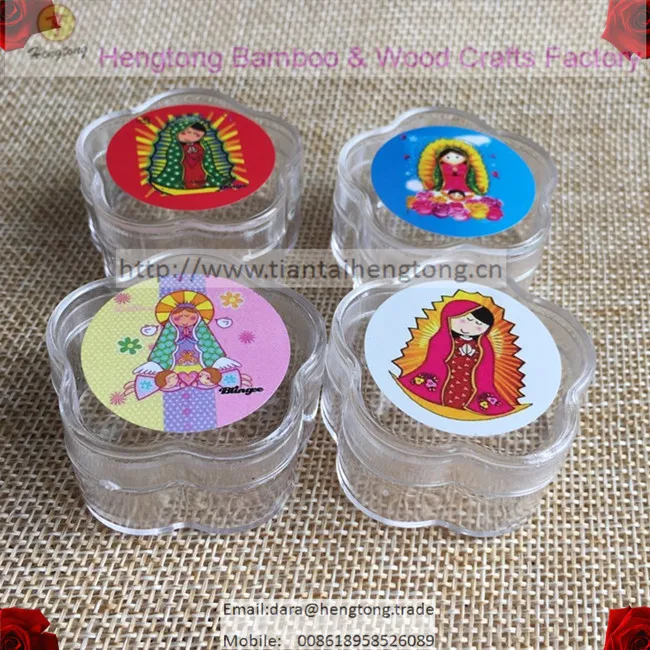 

10pcs/pack mini transparent plastic rosary box,round gift box with baby virgin of guadalupe icon for 7mm beaded rosary bracelet