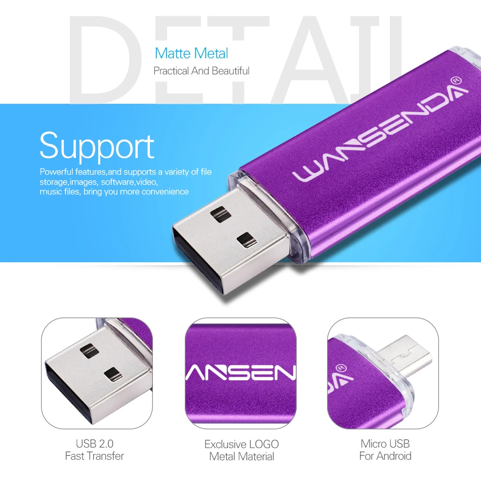 WANSENDA OTG USB Flash Drive 32GB Metal Pen Drive 8GB 16GB 64GB Pendrive 2 in 1 Dual Drive Micro USB Stick 메모리 디스크