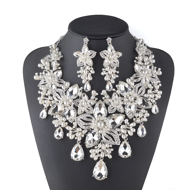 Luxury Rhinestone Clear Bridal Wedding Jewelry Flower Design Women Party Necklace Earrings Crystal Pear Accessories Sets