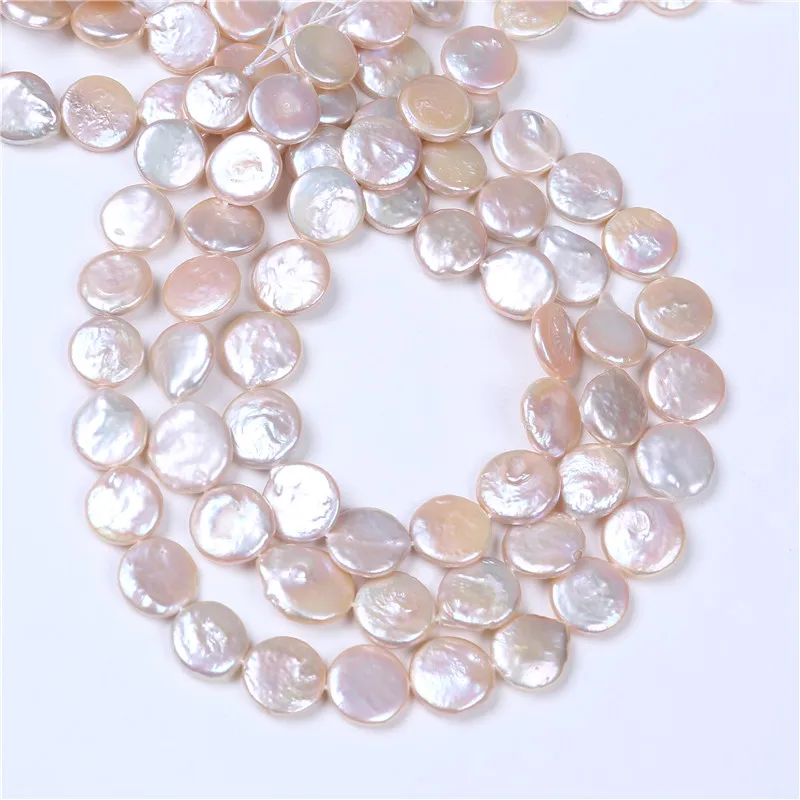 

DIY AA Wholesale Pink Color Freshwater Button Coin Pearl 13-14mm Loose Beads 16'' For Jewelry Making