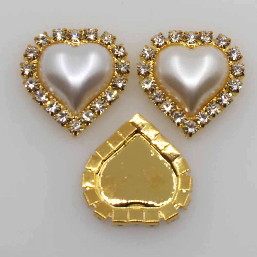 New 10pc 21*23mm Gold Base Pearl Buttons Rhinestone Heart Metal Wedding Invitations Decorate DIY Hair Flower Center Scrapbooking