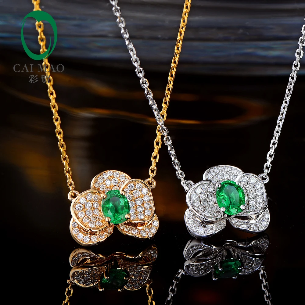 Caimao Natural Emerald Pendant Chain 14K White or Yellow Gold with 0.27ct H SI Diamonds Necklace