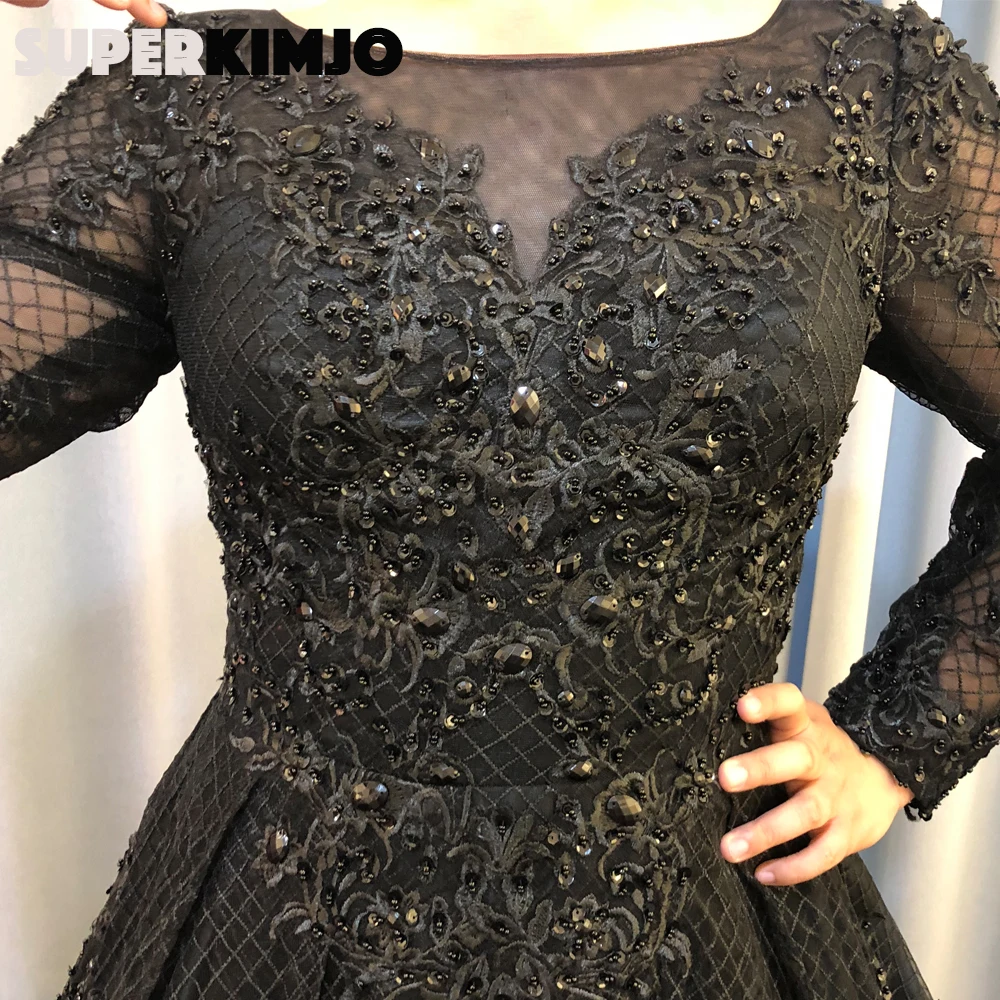 Real black prom dresses 2019 veer kralen crew hals kant applicaties lange mouwen een lijn avondjurken kralen avondjurken