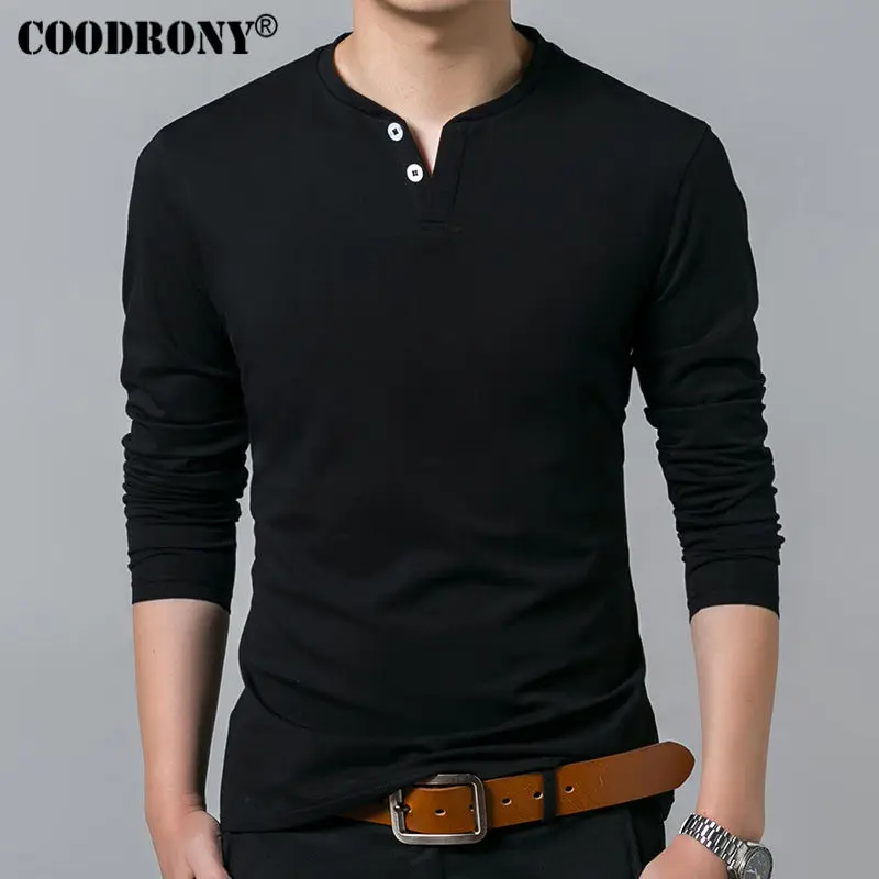 COODRONY T-Shirt Men 2019 Spring Autumn New Long Sleeve Henry Collar T Shirt Men Brand Soft Pure Cotton Slim Fit Tee Shirts 7625