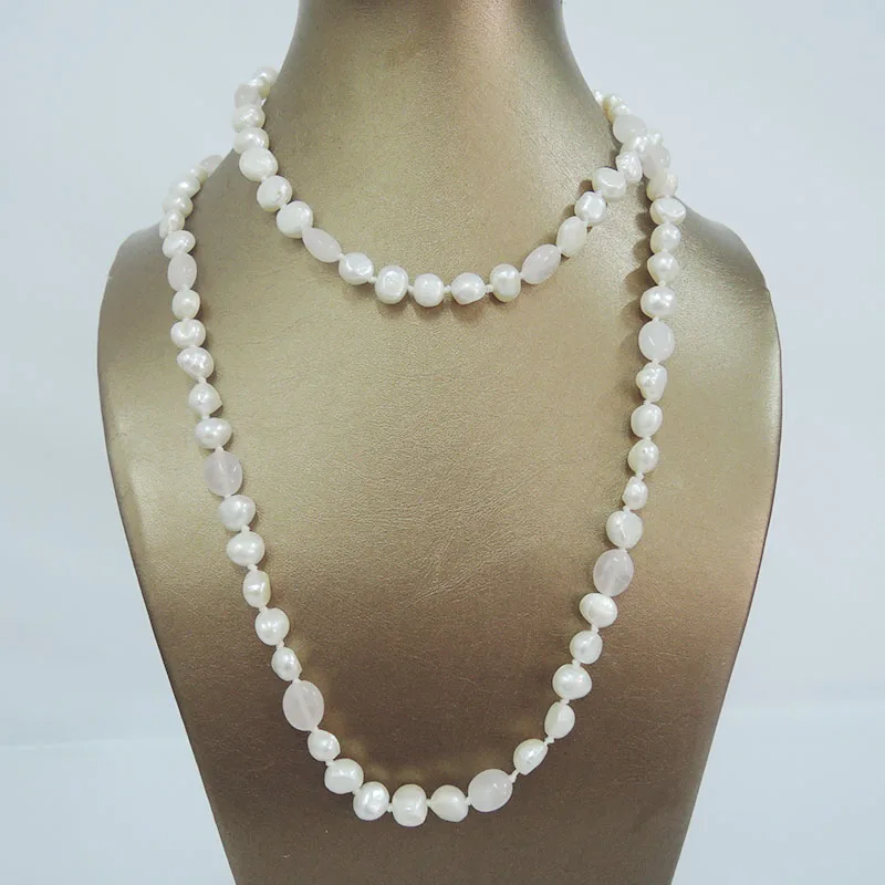 100% NATURE FRESHWATER PEARL NECKLACE and baby pink crystal beads-90 cm necklace