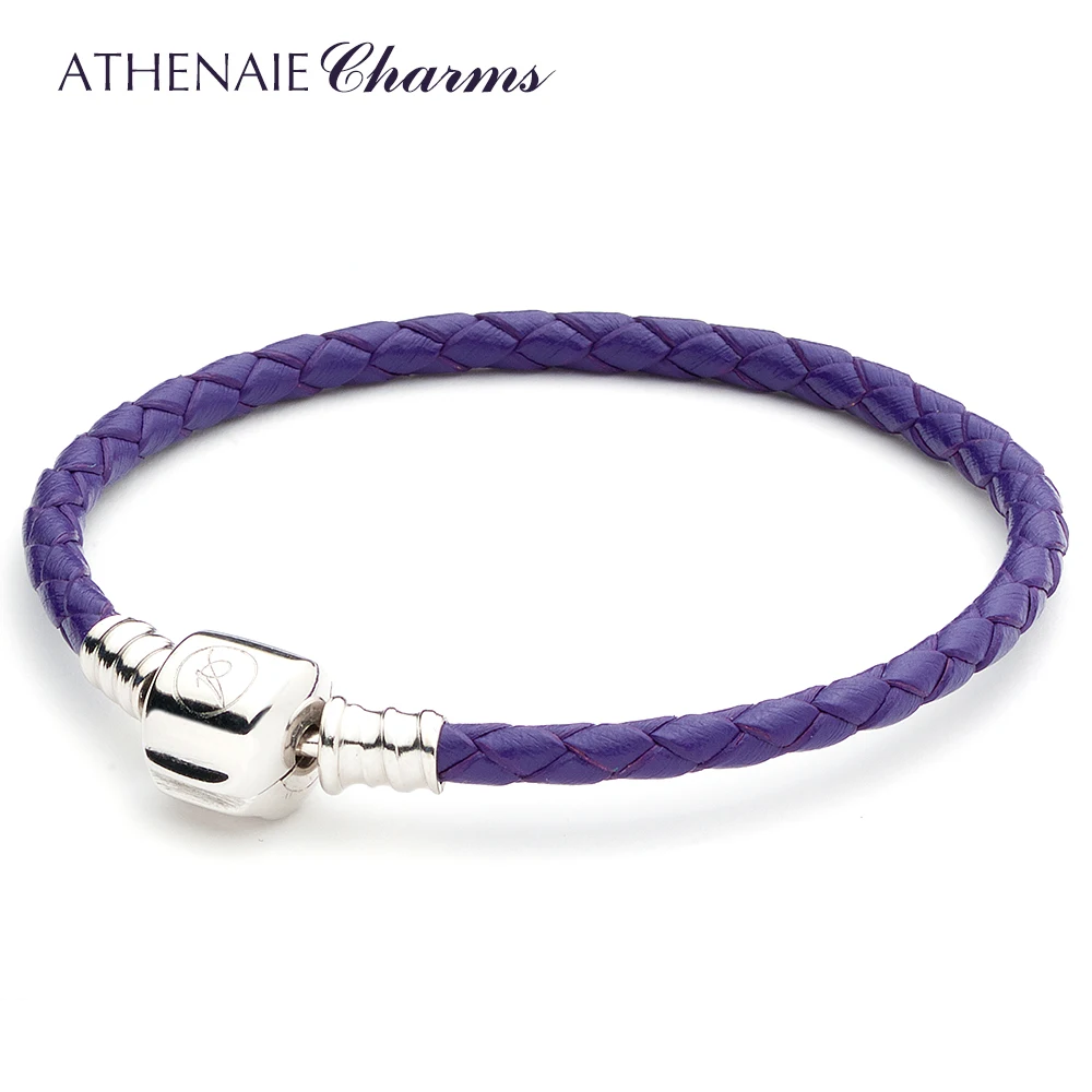 

ATHENAIE Purple Single Braided Leather 925 Sterling Silver Snap Clasp Bracelet Fits Fit All European Charm Bead