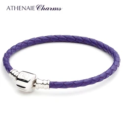 ATHENAIE bracciale con chiusura a scatto in argento Sterling 925 in pelle intrecciata singola viola adatto a tutte le perle di fascino europee