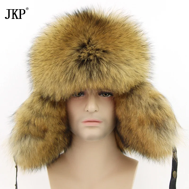 2024 Genuine Fox Fur Men\'s Hats Natural Raccoon Fur Lei Feng Bomber Ushanka Real Leather Russian Winter Warm Hats