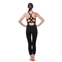 Fitness Clothing Women Aerial Yoga Rompers and Jumpsuit Black Nylon Stretch U Neck Cross Back Dance Gym Running Workout Suits