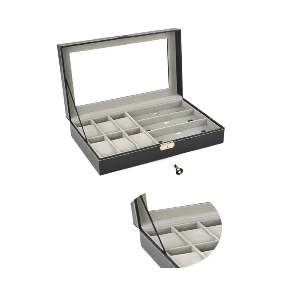 SZanbana Men & Women 9 Slots Display Watch Storage Colleciton Box with 6 Piece Watch Case and 3 Piece Eyeglasses Plus Locker
