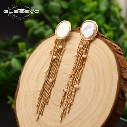 GLSEEVO Fresh Water Baroque Flat Pearl Tassel Long Flat Back Earrings Women Vintage Fashion Fine Luxury Wedding Jewellery GE0656