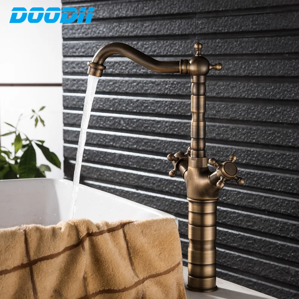 360 Degree Turn Kitchen Mixer Bathroom Sink Faucet Antique Bronze Finished Hot and Cold Water Mixer Tap Crane With Pop Up DOODII