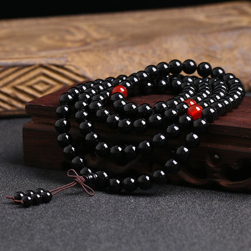 Black Obsidian Bracelet Carnelian 108 Beads Stretch Bracelets 6mm Buddhist Mediation Prayer Beads Mala Fashion Woman Bracelets