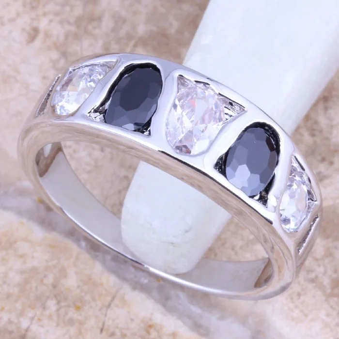 Prominent Sparkling Black Cubic Zirconia White CZ Silver Plated Ring Size 6 / 7 / 8 / 9 R1615