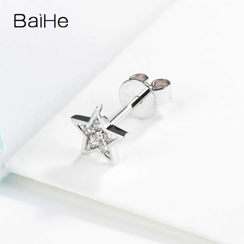 BAIHE Solid 14K White Gold 0.04ct H/SI Natural Diamond Star Stud Earrings Women Men Trendy Fine Jewelry boucle d’oreille أأقراط