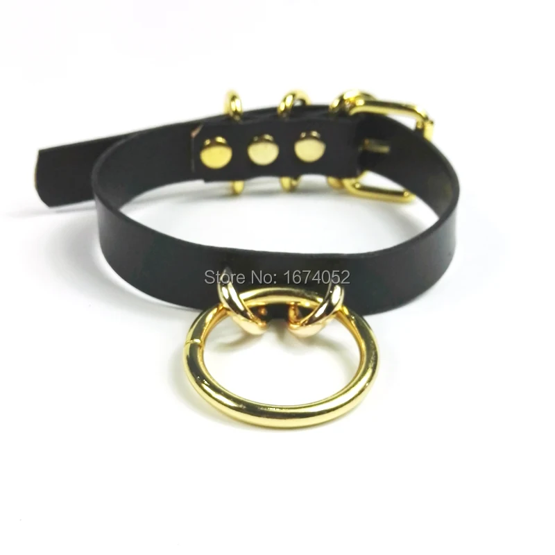 Cute Lolita Harajuku 100% Handmade Golden Metal O Round Choker Real Leather Collar Sub Buckle Necklace