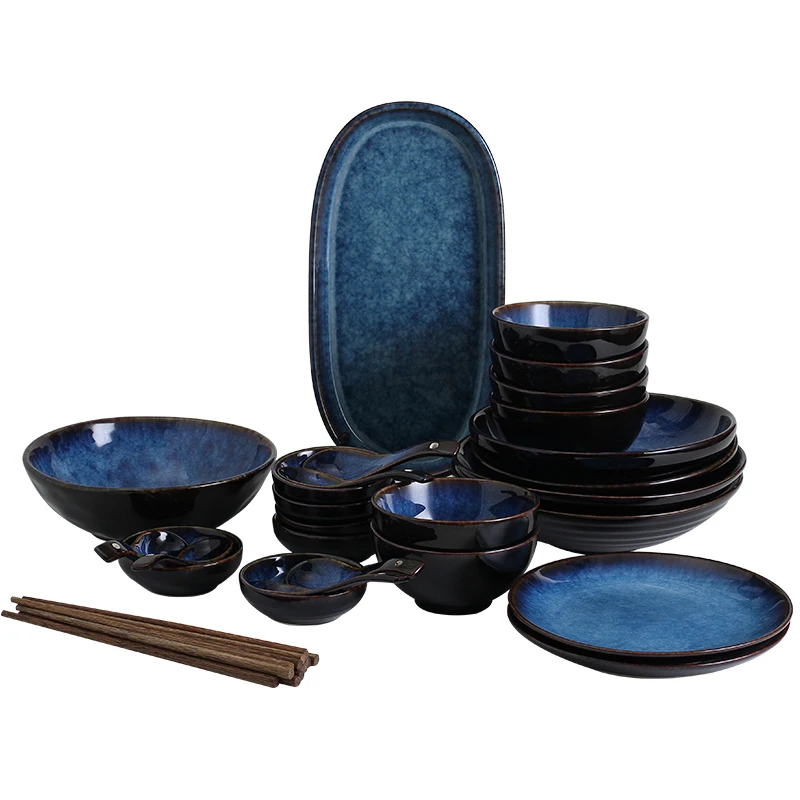 KINGLANG 1/2/6 Person Dinner Set Deep Blue Ceramic Tableware Set Plate Bowl Cup Sauce Dish Porcelain Tableware