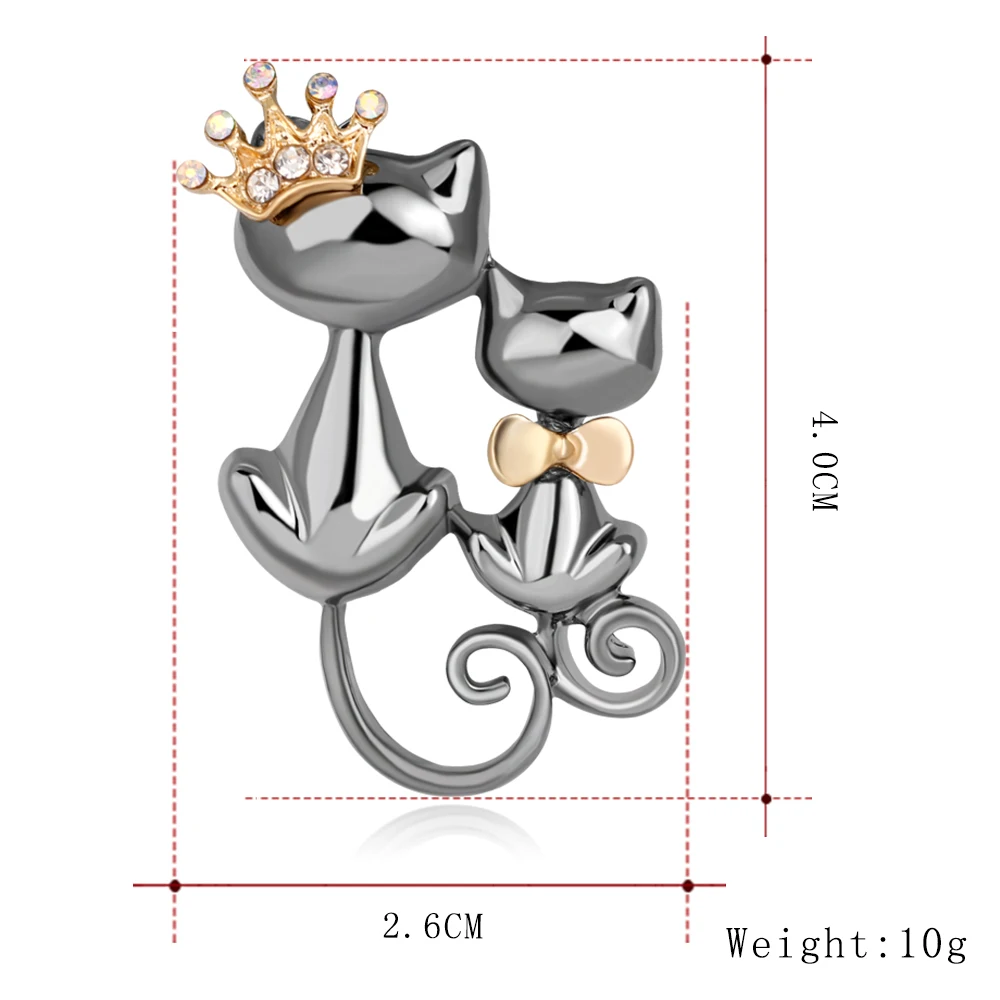 Vintage Metal Crystal Couple Queen Cat Brooch For Women Mom Collar Pins Corsage Double Animal Brooch Badges Jewelry Accessories