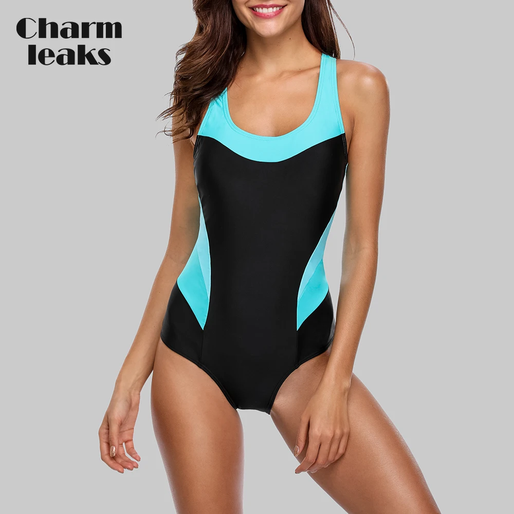 Charmleaks One Piece Women Sports Swimwear Sports Swimsuit Patchwork Beachwear Bathing Suit Padded Monikini Bikini