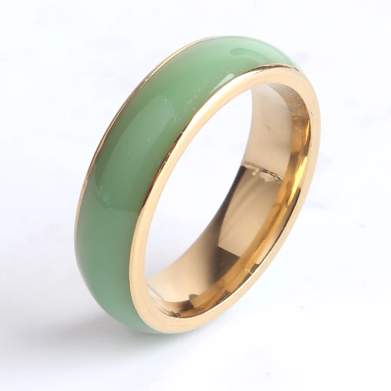 6mm Gold Color green Ceramic Stainless Steel Finger Rings for Women Men Wholesale Jewelry