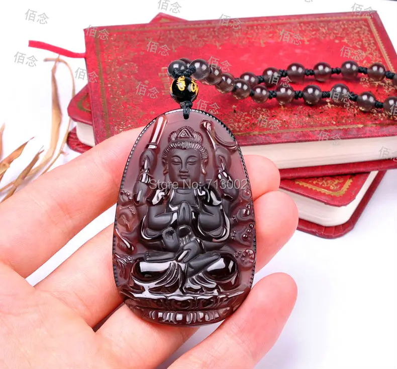 Natural Mexico brownness Obsidian Buddha Pendant Amulet Necklace- 5A+++