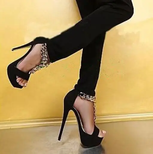 

Gold chains decoration high heels women platform sandal solid black open toe gladiator sandals women pumps