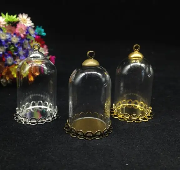 50pcs 30*20mm High quality bell jar tube shape glass vial pendant with DOUBLE LACE tray cap glass wishing bottle diy necklace