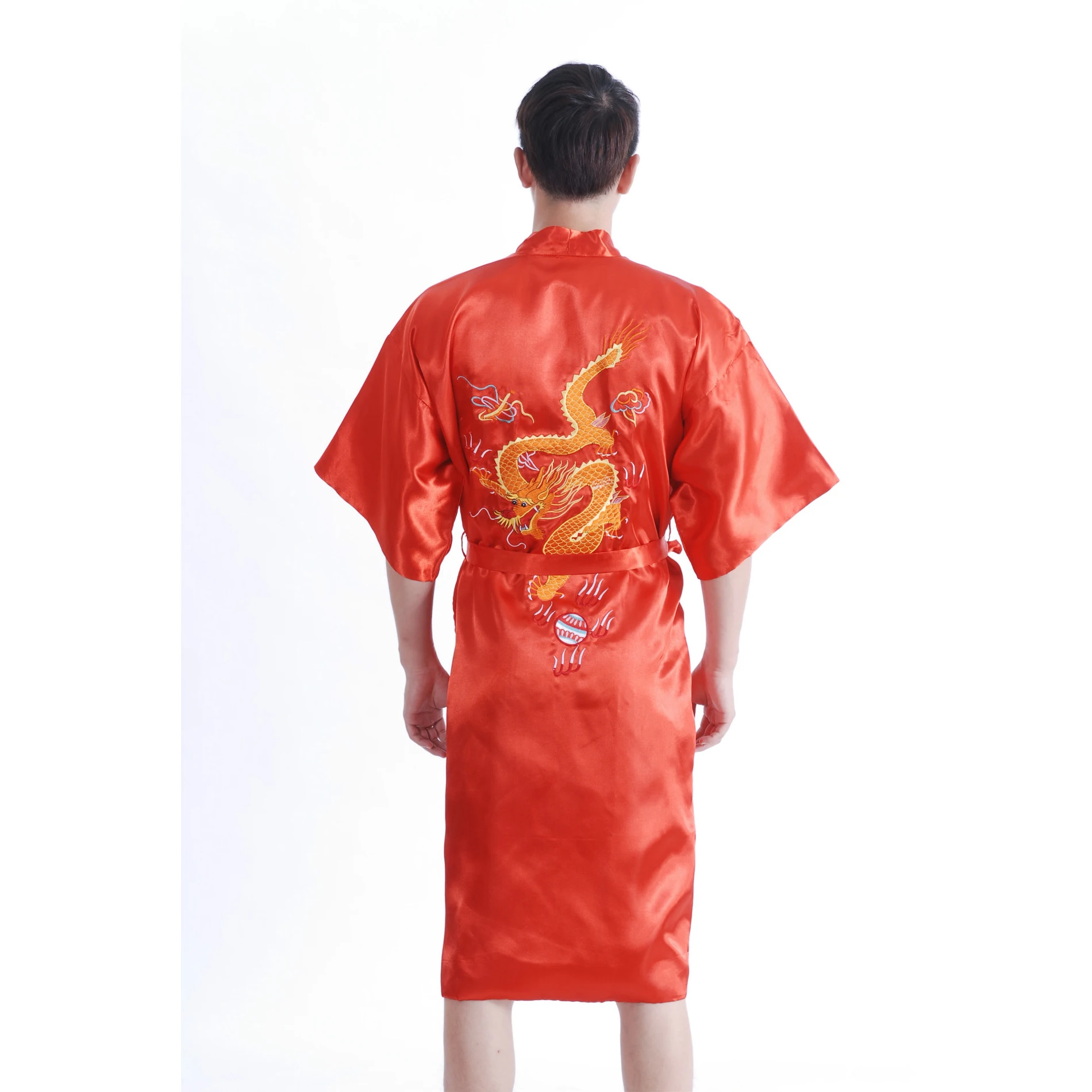 Chinese Style Embroider Dragon Bathrobe Men\'s Silk Satin Dressing Gown Robe Male Sleepwear With Belt S M L XL XXL XXXL