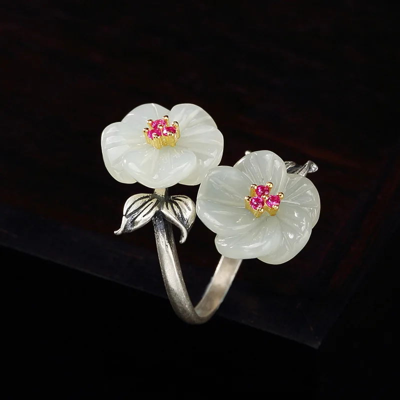 S925 pure silver natural Hetian  white  mosaic double head plum blossom lady high-end ring