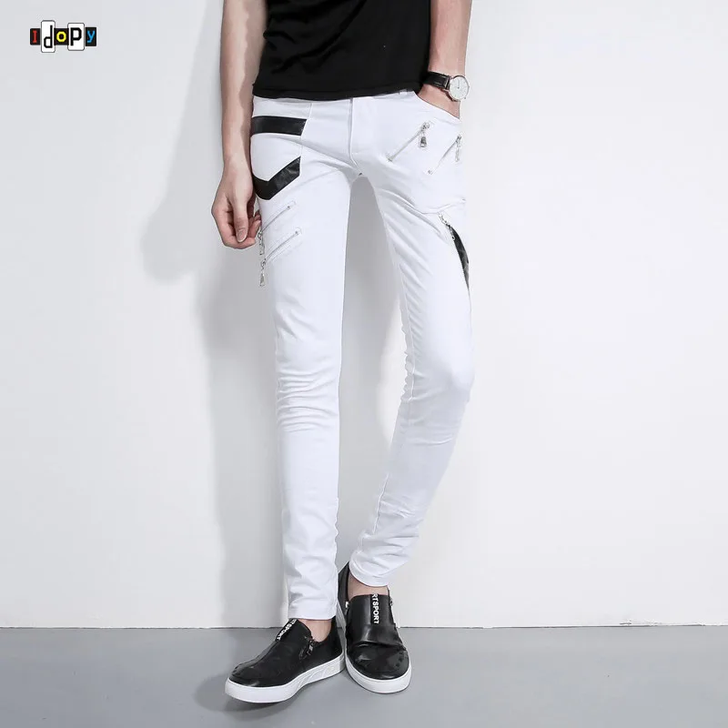 Idopy New Arrival Men`s Pants Punk Style Patch Leather Zipper Stage Performance NightClub Biker Trousers