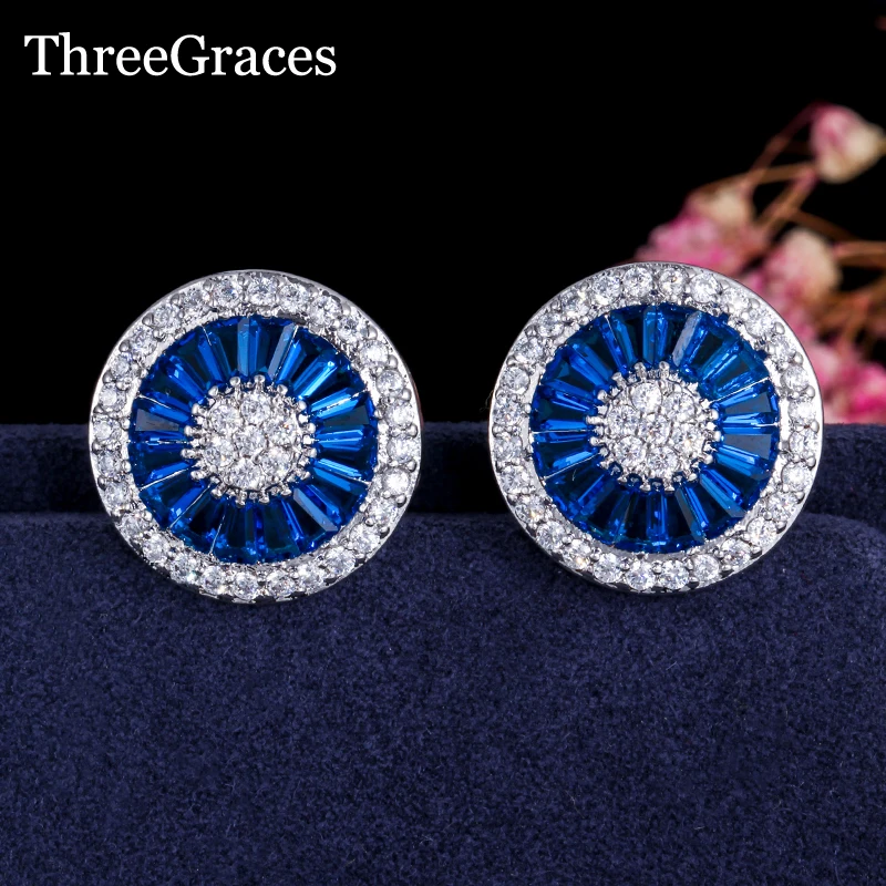 ThreeGraces Fashion Women CZ Jewelry Sparkling Zirconia Stone Royal Blue Round Crystal Big Stud Earrings For Party ER289