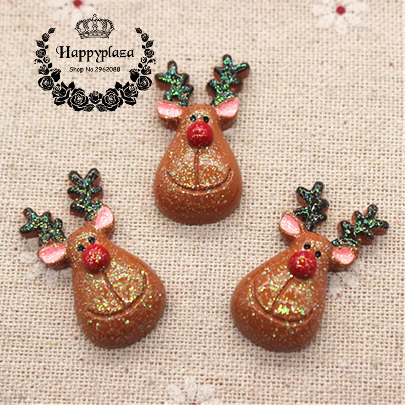 10pcs Resin Flatback Cabochon Glitter Christmas Reindeer Miniature Art Supply Decoration Charm Craft,17*31mm