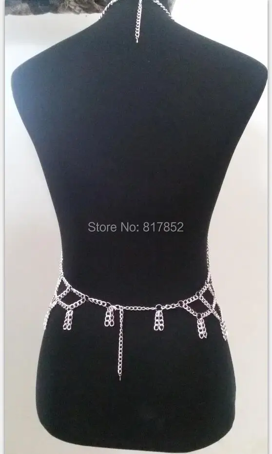 NEW STYLE FASHION WOMEN HARNESS SILVER PLATED CHAINS UNIQUE DESIGN SEXY SHORT DRESSING BODY CHAINS JEWELRY 3 COLORS WRB05