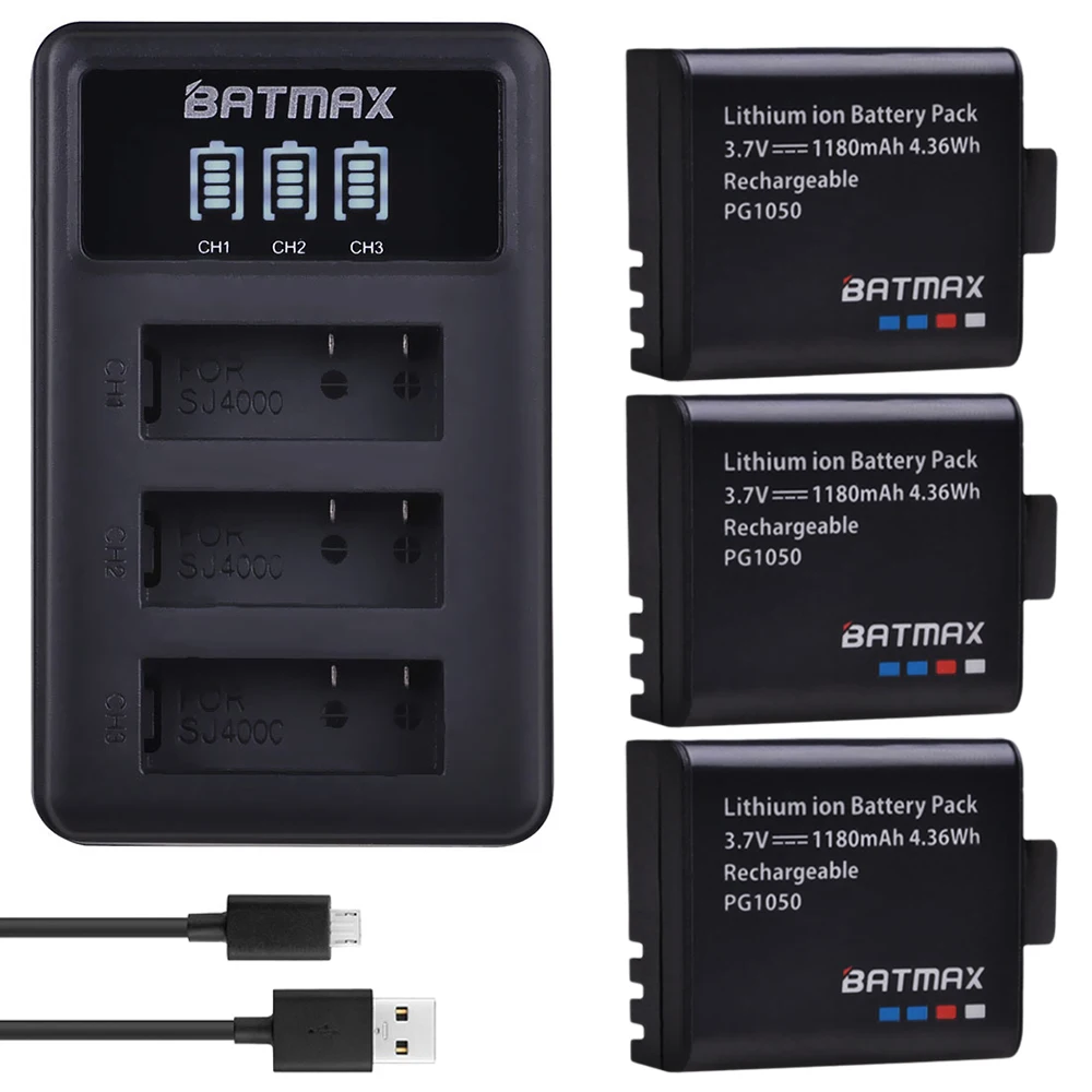 

Batmax 3pc 1180mAh PG1050 Li-ion Battery+LED 3slots USB Charger for Sports Action Camera SJCAM , EKEN H9 H9R H3 H3R H8PRO H8R