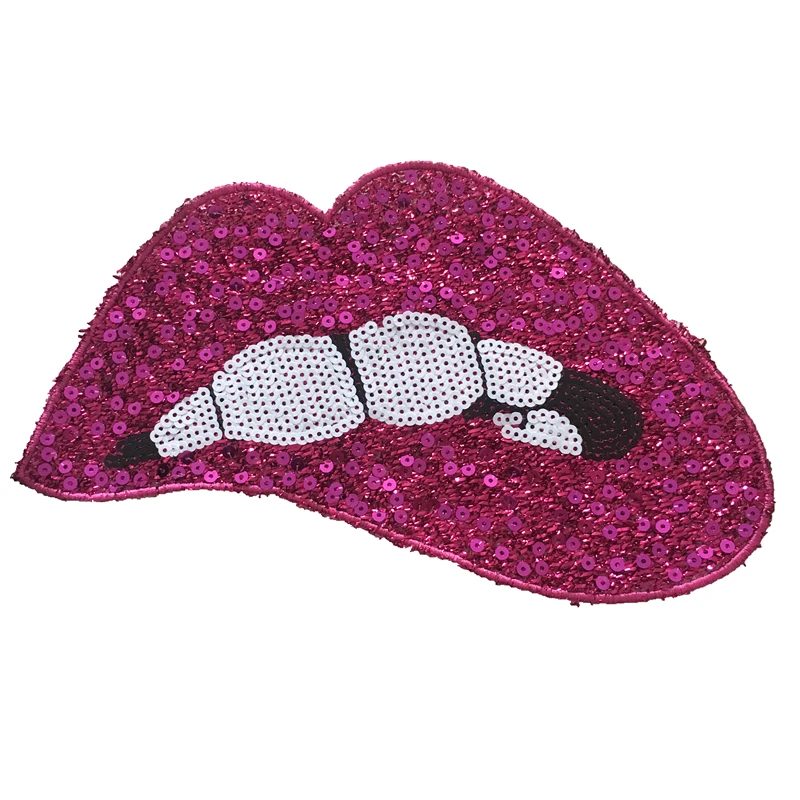 2pcs Pink Lips Sequined IRON on Patches for Clothes Sequins Mouth Embroidered Appliques Sewing DIY Free Shipping