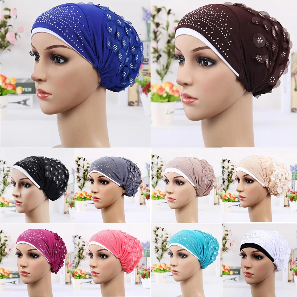 

Women Stylish Rhinestone Hat Turban Hats Headwrap Cover Slouchy Beanie Caps HATQD0027