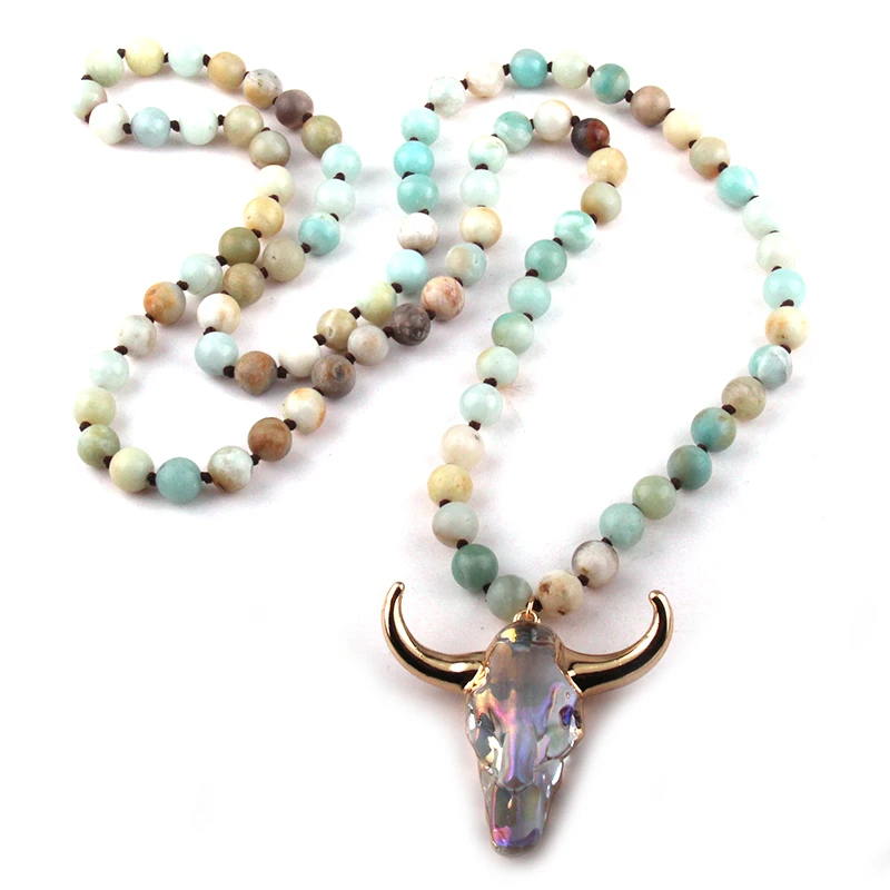 Fashion Bohemian Jewelry Semi Precious Stones Long Knotted Crystal Horn Pendant Necklaces For Women Ethnic Necklace