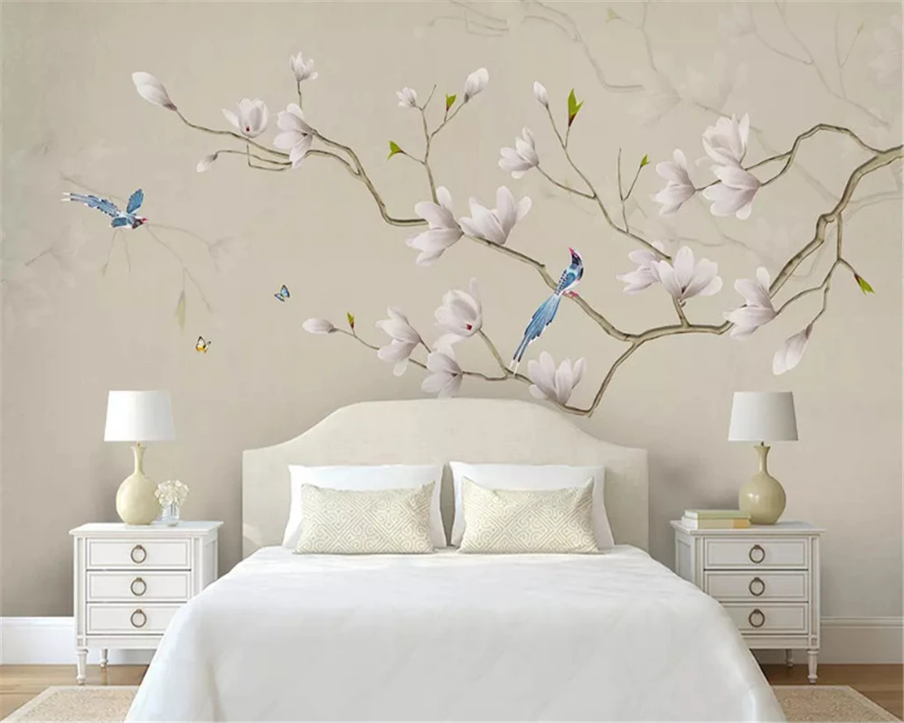 

beibehang Custom silky papel de parede wallpaper fresh modern minimalist new Chinese hand painted magnolia bird TV background