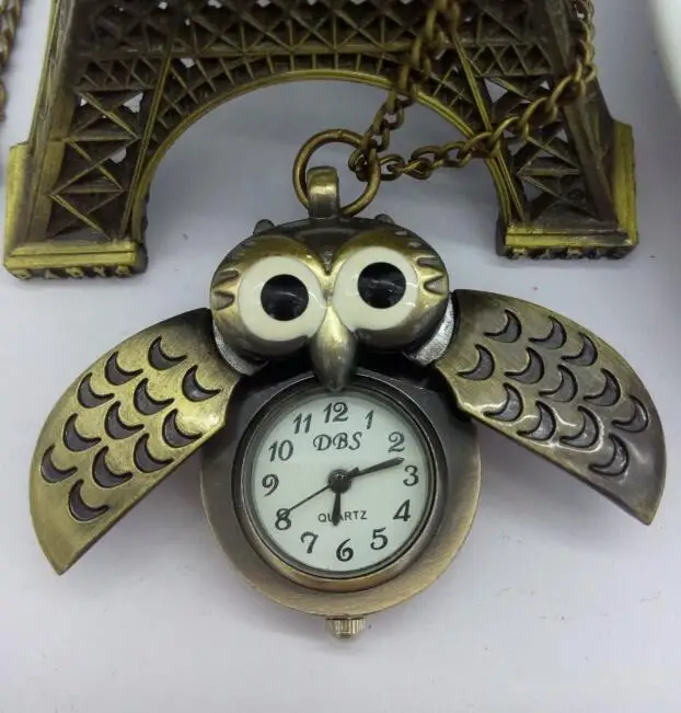 Bronze Night Owl Necklace Pendant Quartz Steampunk Pocket Watch Chain for Men Women PMO52