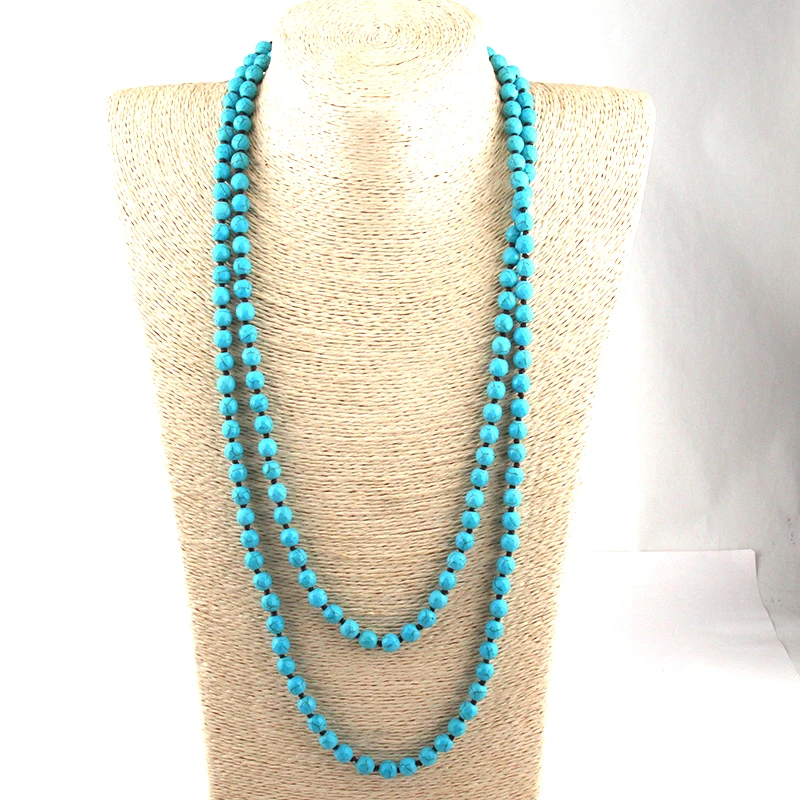 8mm  Fashion Bohemian Tribal Jewelry 8mm Blue Faceted Stones long Knotted Necklace